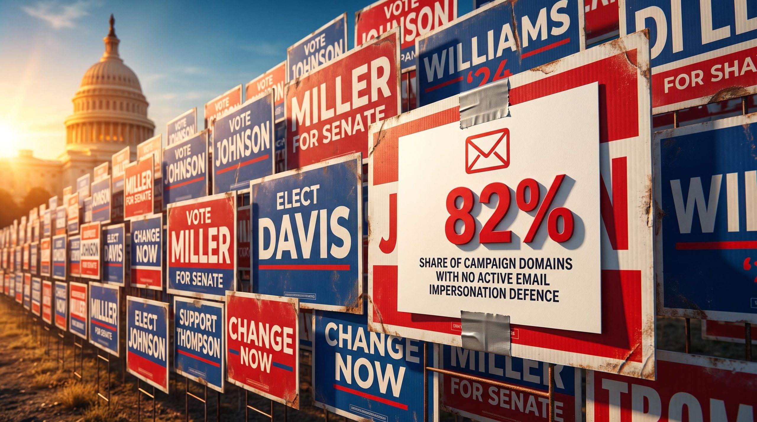 Wall of U.S. campaign yard signs with bold "82%" stat marking political campaign email security gap before 2026 midterms