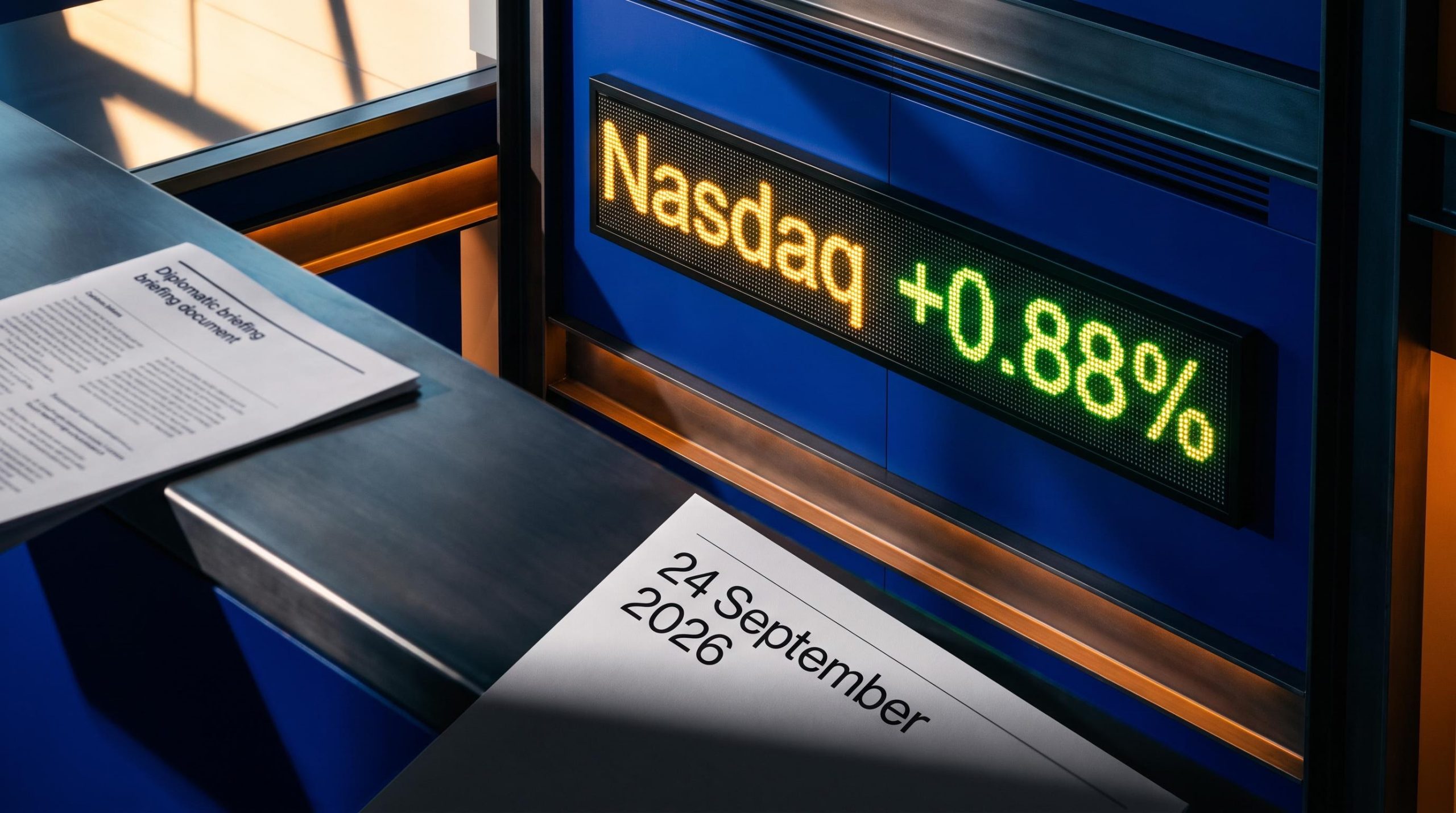 Trading floor scoreboard showing Nasdaq +0.88% ahead of 24 September 2026 White House summit in political market rally analysis