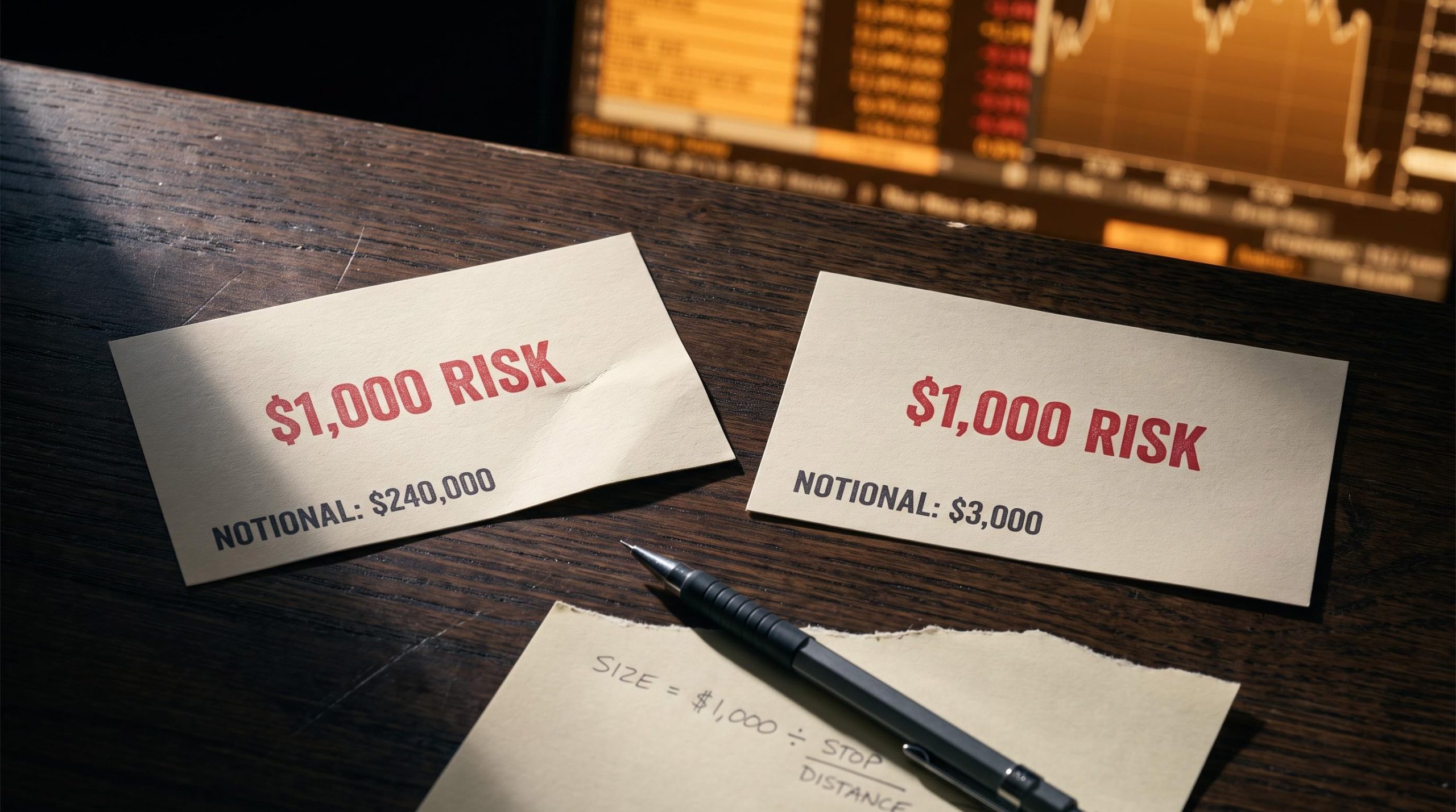 Two short trade tickets showing $240,000 vs $3,000 notional exposure with identical $1,000 risk — position sizing framework