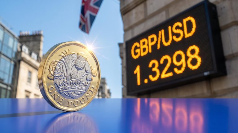 Pound coin on edge before a London exchange board showing GBP/USD 1.3298, illustrating the pound sterling outlook