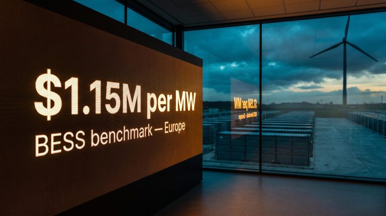 Battery storage containers at dusk with $1.15M per MW BESS benchmark on control room screen — power market investment