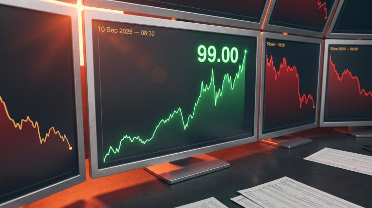 Trading terminal showing DXY spiking above 99.00 with gold and Bitcoin in simultaneous selloff after PPI market reaction