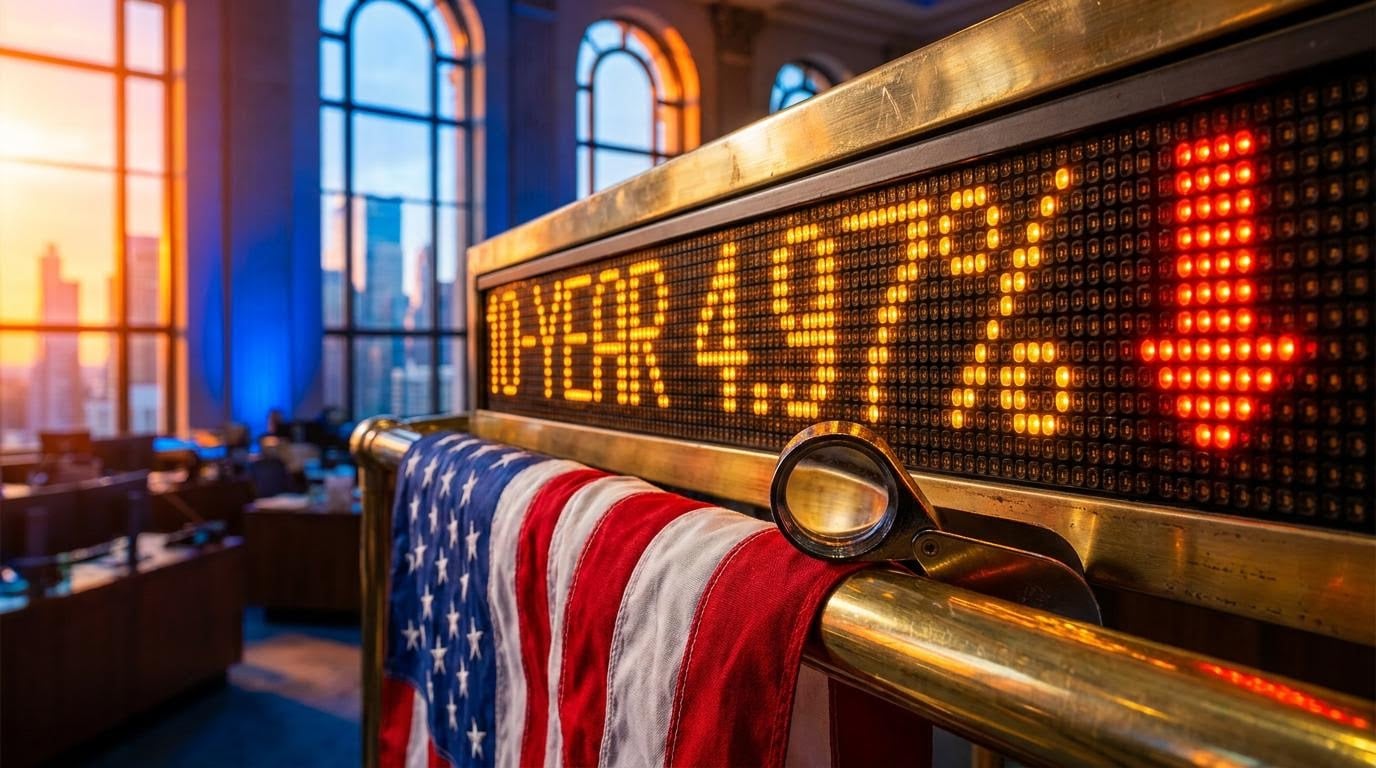 Bond trading board showing 10-year yield 4.97% beside a US flag, signalling pre-midterm market stress