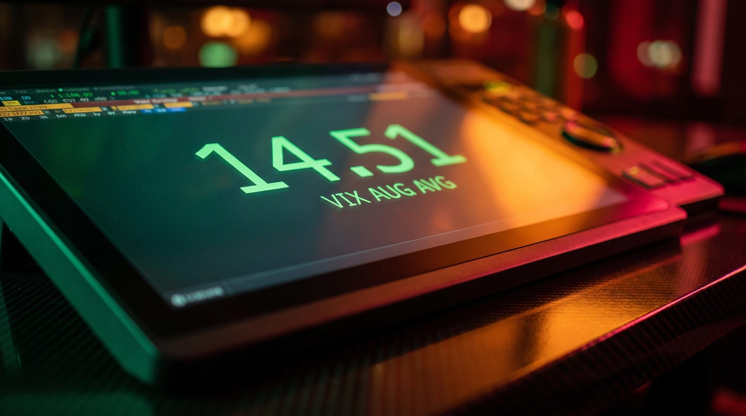 VIX reading of 14.51 glowing on a trading terminal as amber warning light surrounds it — premium selling risk explainer