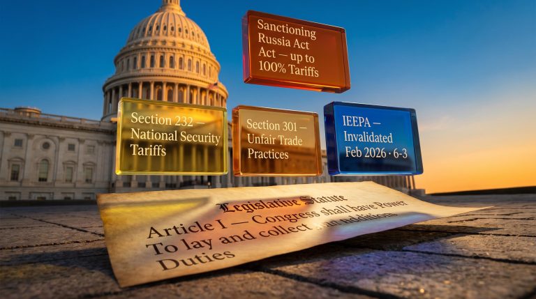 US Capitol with floating statutory panels showing IEEPA invalidated and Sanctioning Russia Act 100% tariff authority