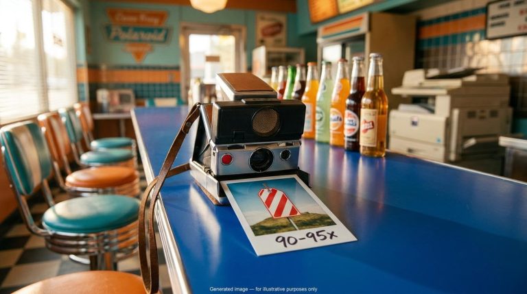 Instant camera ejecting a photo with a price tag and "90-95x", illustrating price paid vs business quality