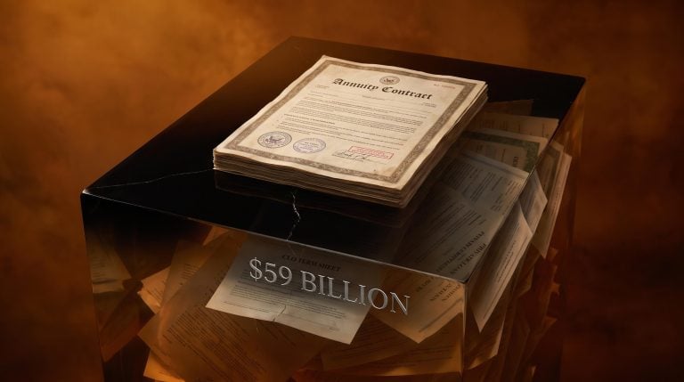 Annuity contract floating above illiquid private credit assets, visualising hidden private credit insurance risk in 2026
