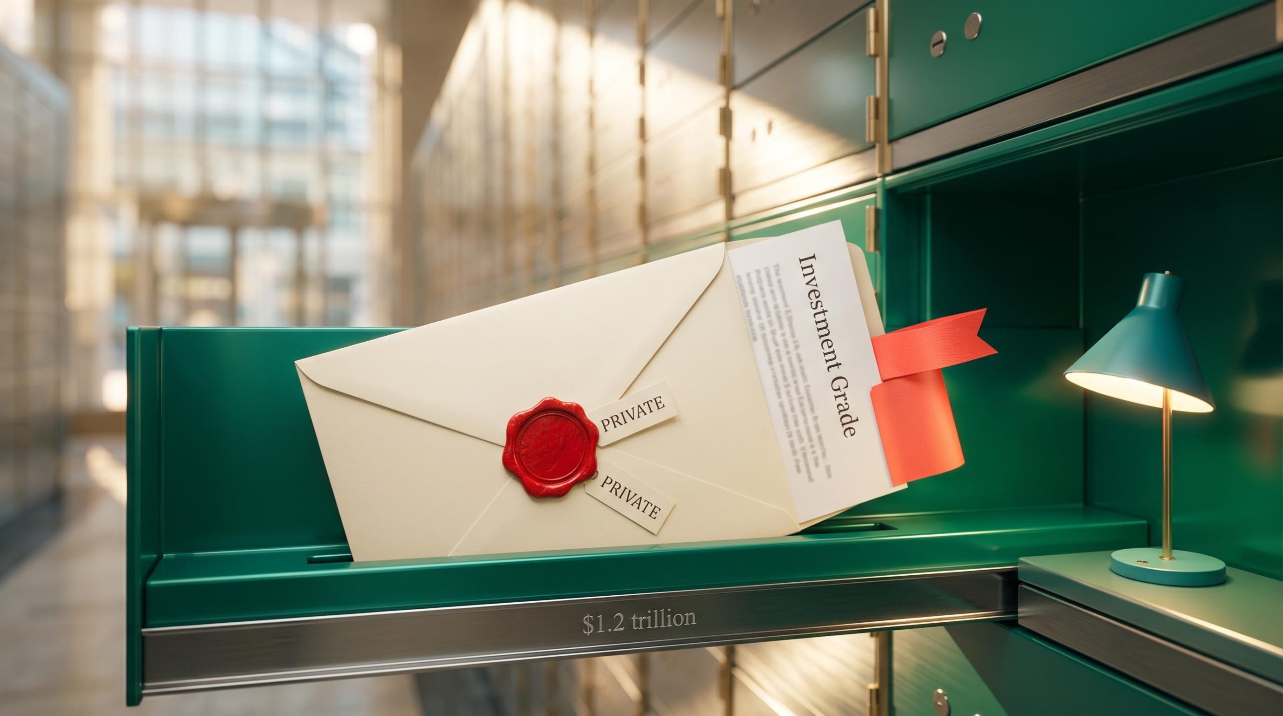 Sealed private rating envelope in a steel drawer, illustrating private credit insurer ratings and the $1.2 trillion exposure