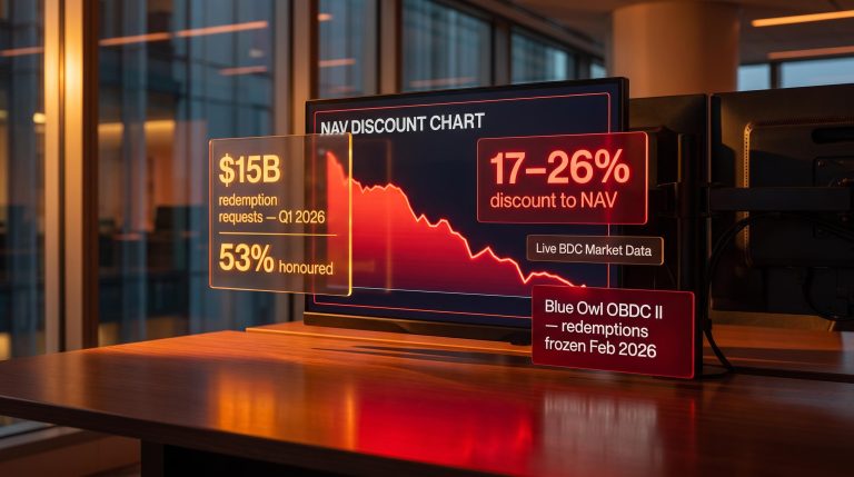 Public BDC screens showing 17–26% NAV discounts and Blue Owl's Feb 2026 redemption freeze amid private credit risk buildup