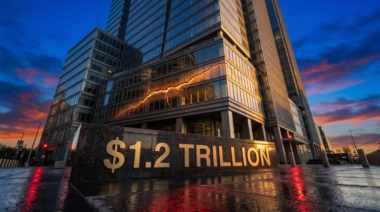 Cracked glass insurer tower at sunset beside a "$1.2 trillion" plaque, illustrating private credit systemic risk