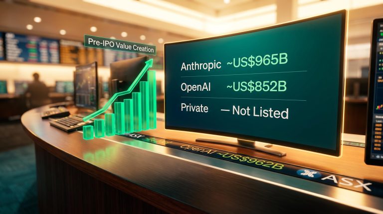 ASX trading screen showing Anthropic US$965B and OpenAI US$852B private valuations — private market investing explainer