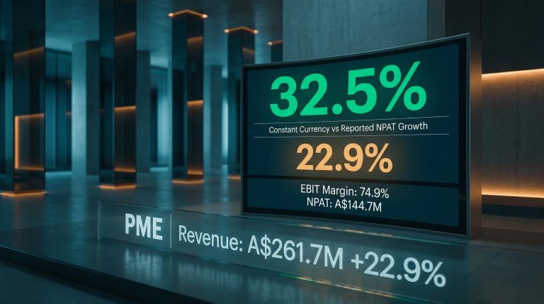 Pro Medicus FY26 results: 32.5% constant-currency NPAT growth vs 22.9% reported, 74.9% EBIT margin displayed