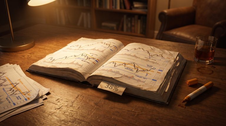 Open annotated trading playbook on a desk showing chart reviews — professional trading playbook method