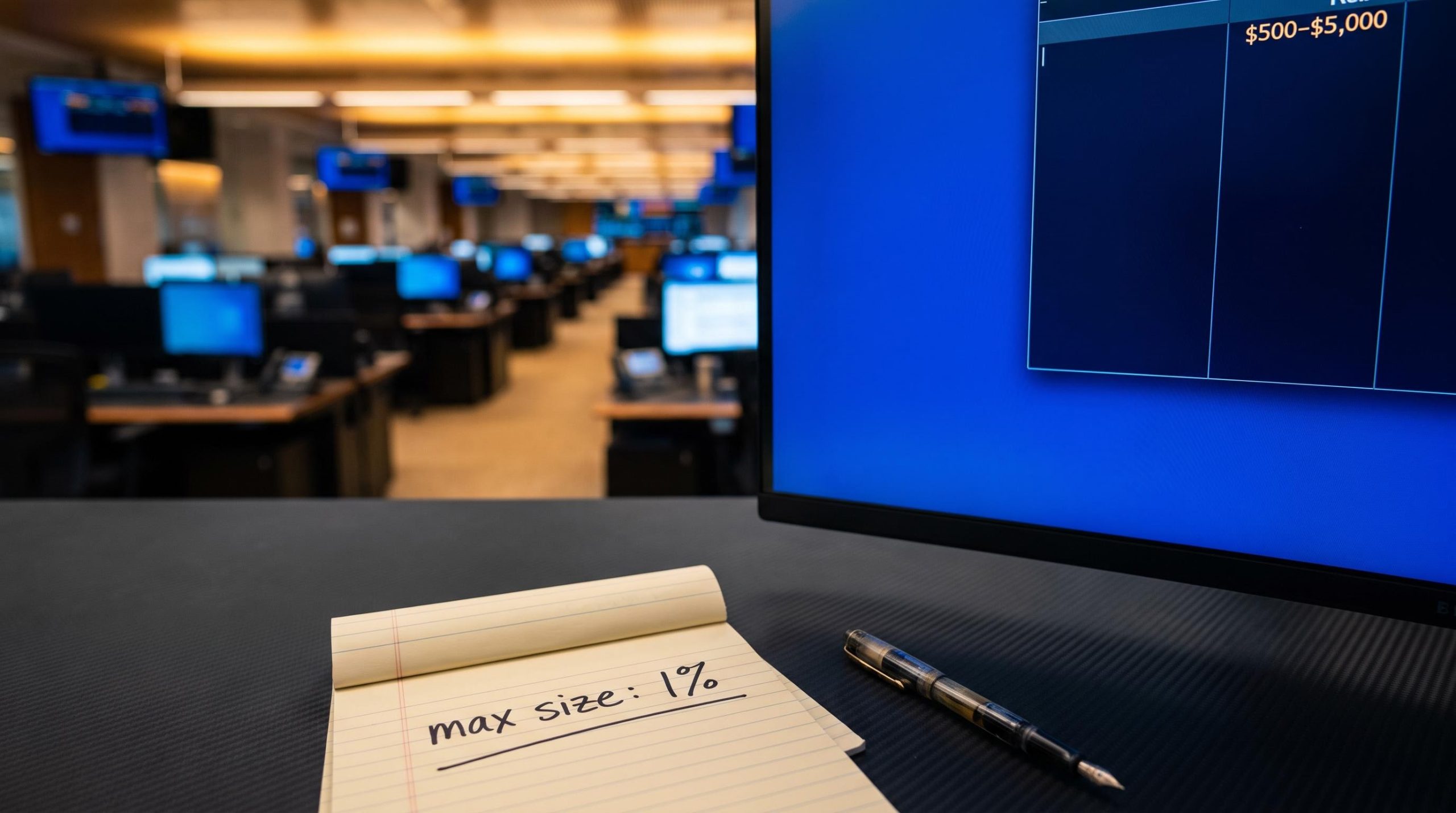 Prop trading desk risk notepad showing 1% max size rule beside a terminal with $500–$5,000 position blotter