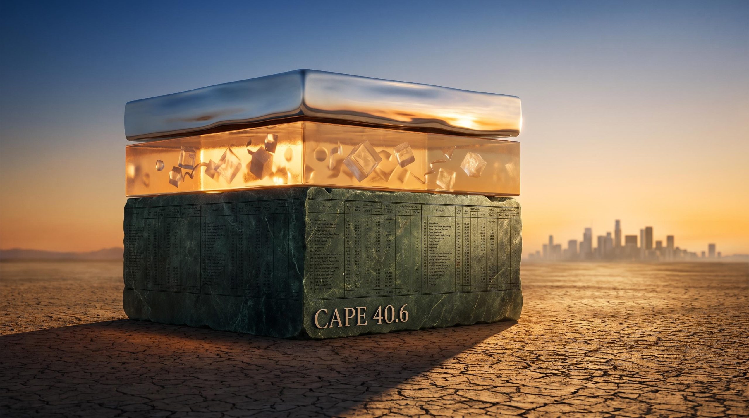 Three-layer portfolio protection structure visualised against amber sky with Shiller CAPE 40.6 etched into base