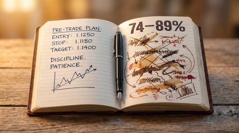 Open trading journal split between a disciplined plan and emotional chaos, with "74–89%" loss rate stamped on the page