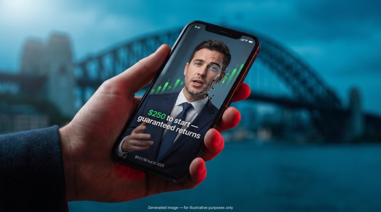 Deepfake investment ad on smartphone with AI face glitch — pump and dump scam Australia warning