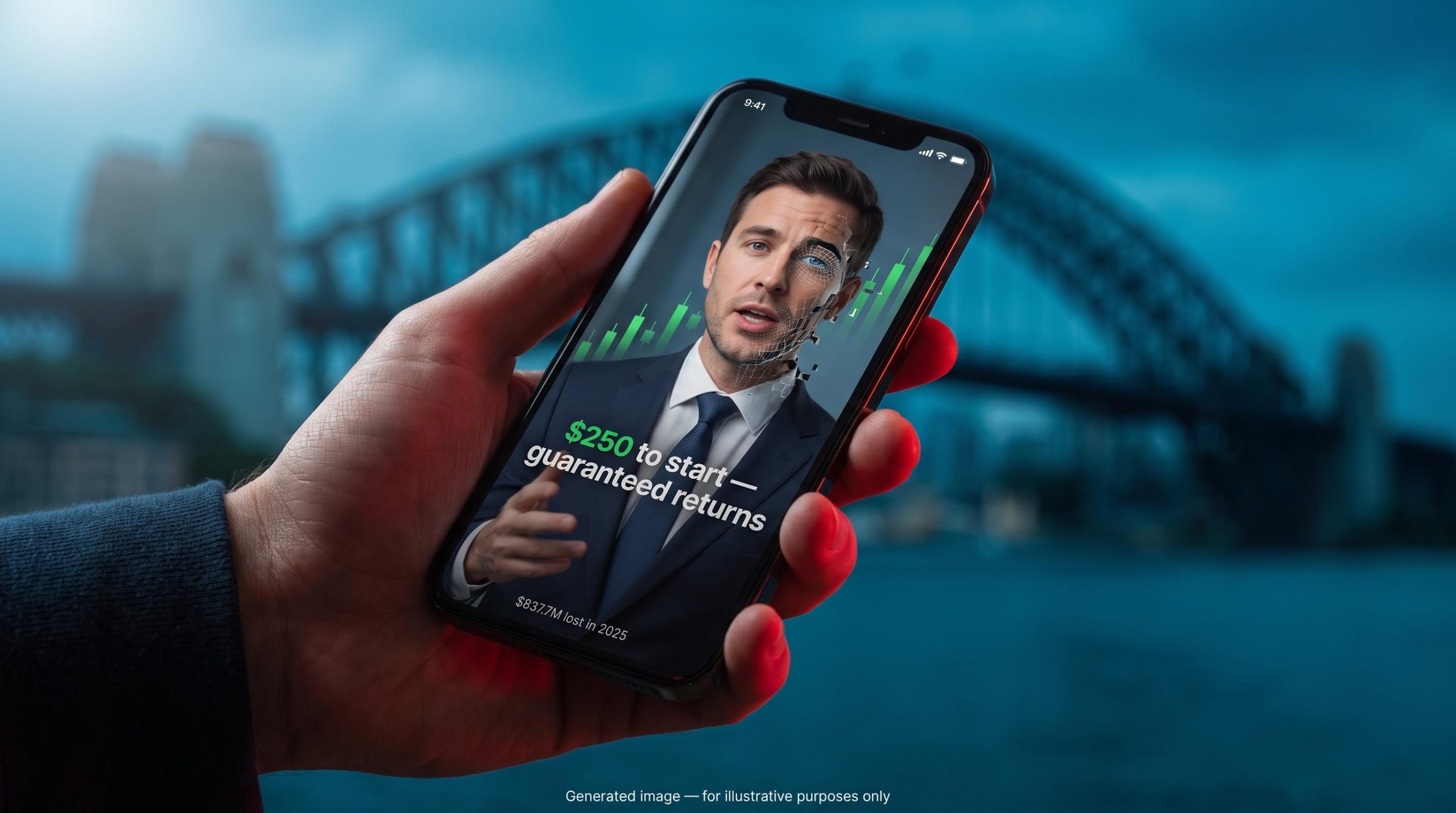 Deepfake investment ad on smartphone with AI face glitch — pump and dump scam Australia warning