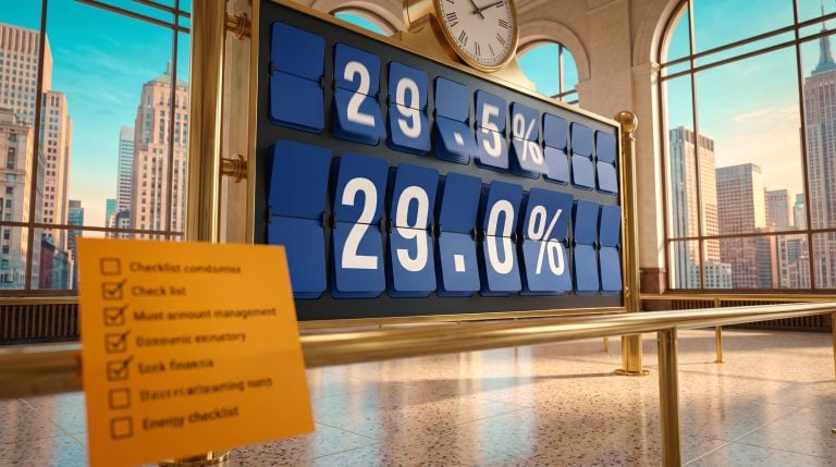 Split-flap board flipping to 29.0% in a bright lobby, framing the Q3 earnings season preview as growth estimates slip