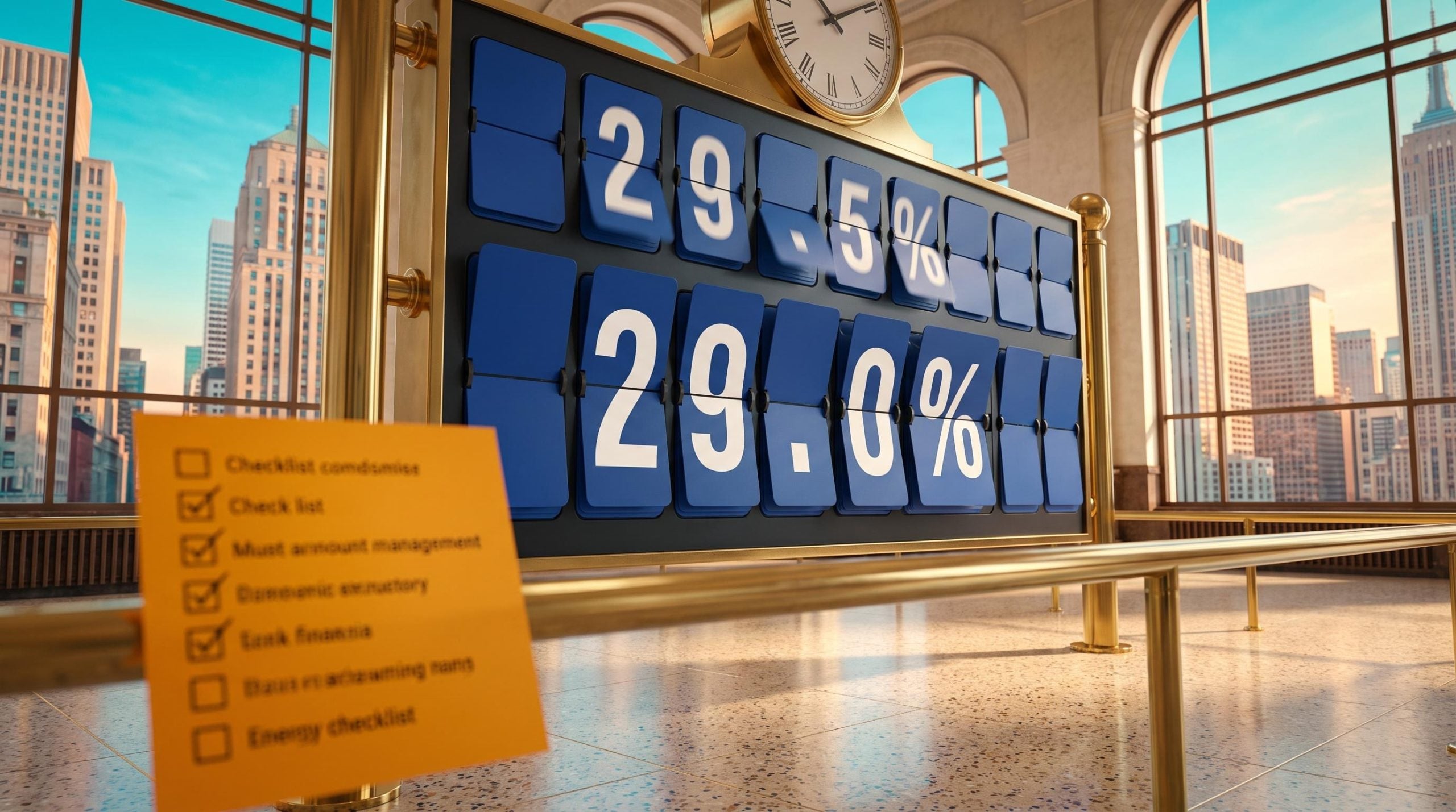 Split-flap board flipping to 29.0% in a bright lobby, framing the Q3 earnings season preview as growth estimates slip