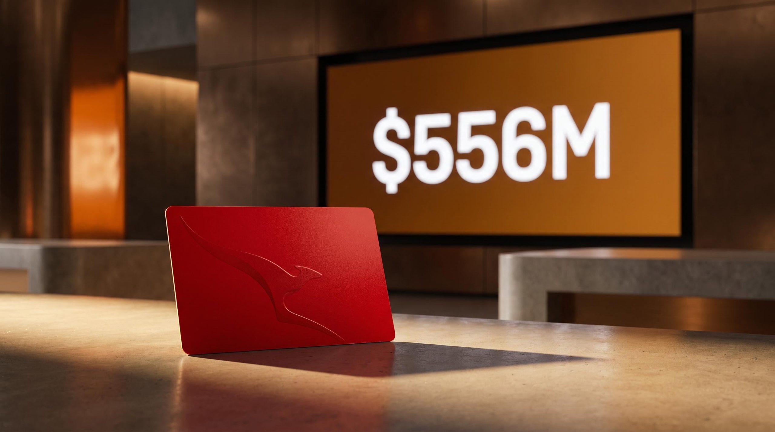 Qantas Frequent Flyer loyalty card foregrounded against a blurred $556M EBIT screen, analytical editorial composition
