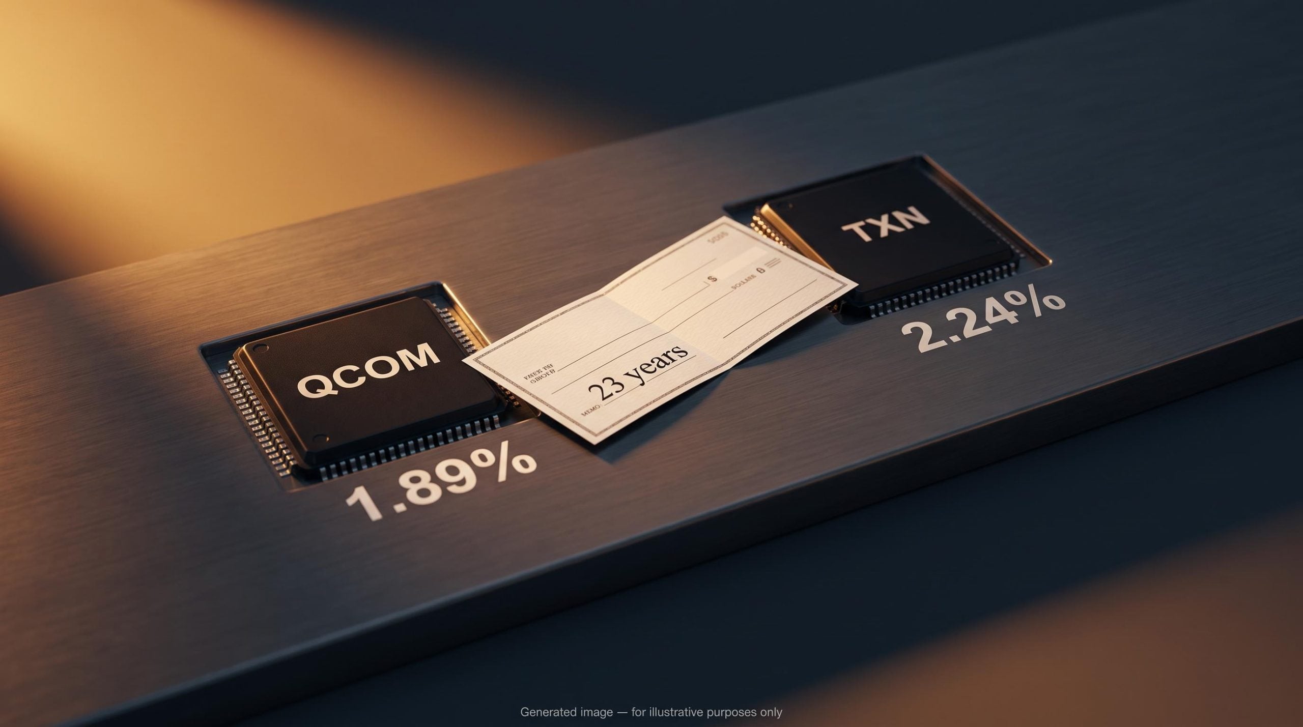 Qualcomm and Texas Instruments chips beside a dividend cheque, comparing QCOM and TXN dividend income cases