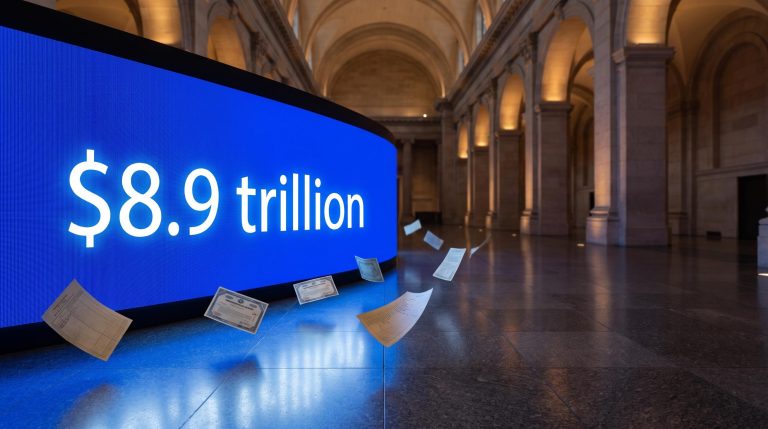 Federal Reserve $8.9 trillion balance sheet peak displayed on a monumental screen — quantitative easing scale visualised