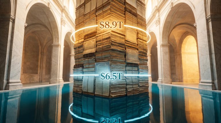 Fed balance sheet monolith showing $8.9T and $6.5T waterlines — quantitative easing vs quantitative tightening scale