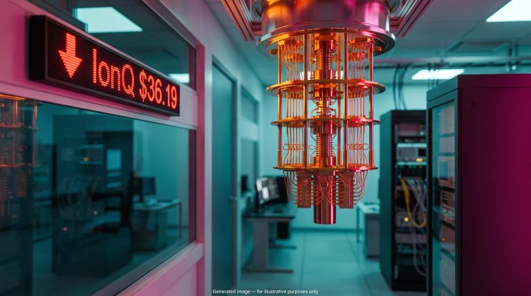 Quantum computer cryostat beside a red ticker showing IonQ $36.19 as quantum computing stocks fall