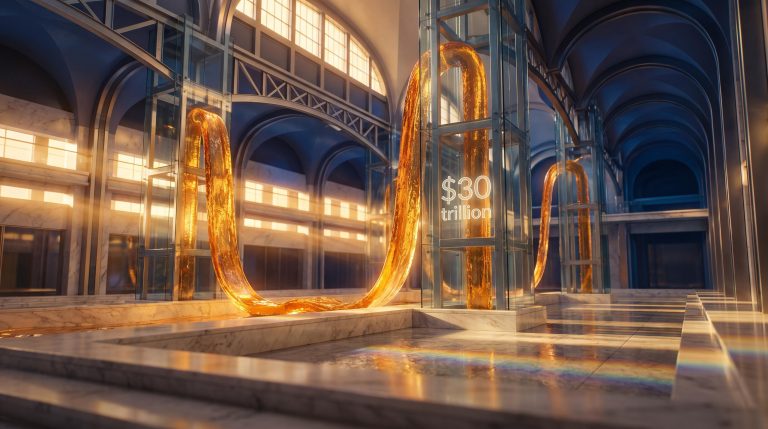 Surreal collateral recycling loop inside vast exchange hall with "$30 trillion" etched in glass — quarter-end releveraging flows