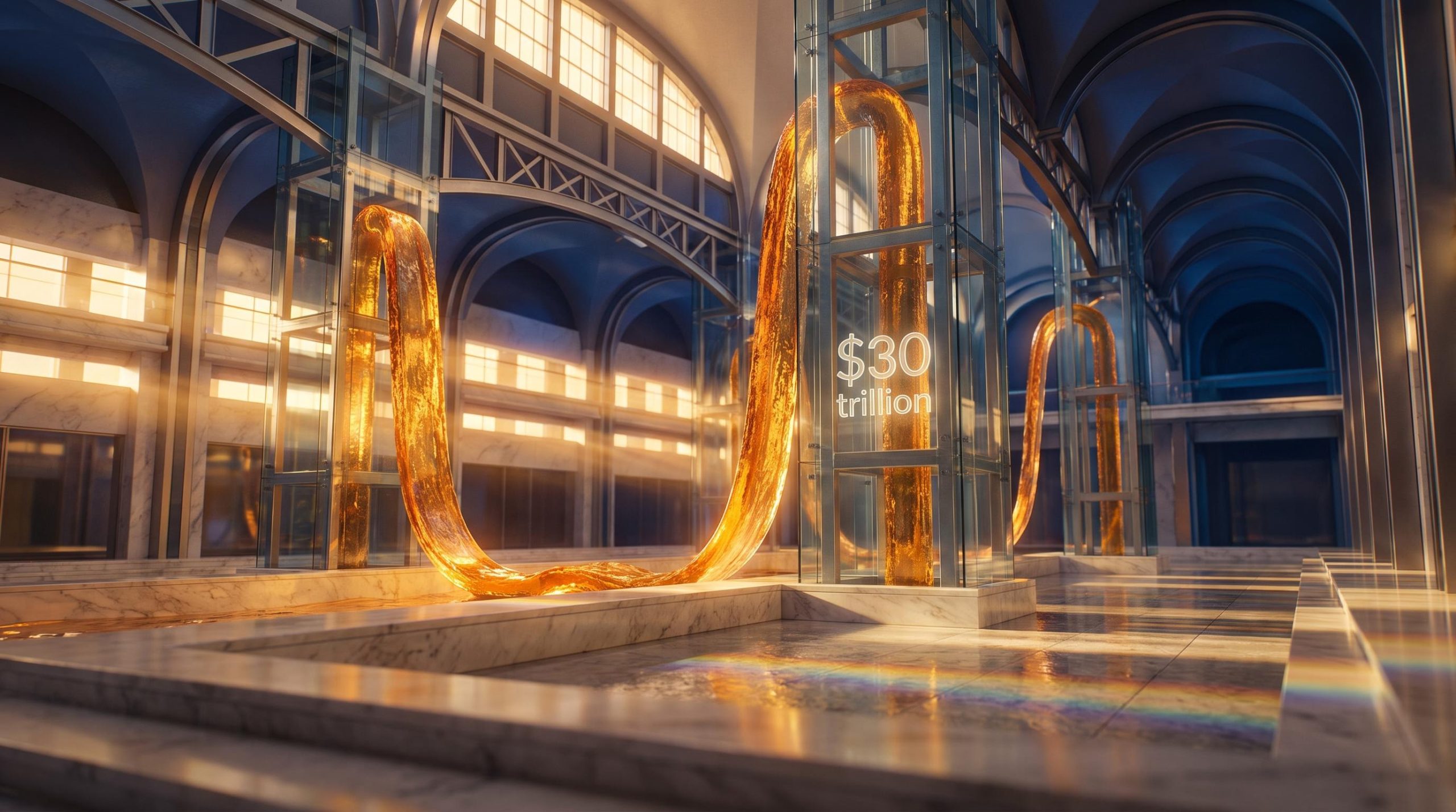 Surreal collateral recycling loop inside vast exchange hall with "$30 trillion" etched in glass — quarter-end releveraging flows