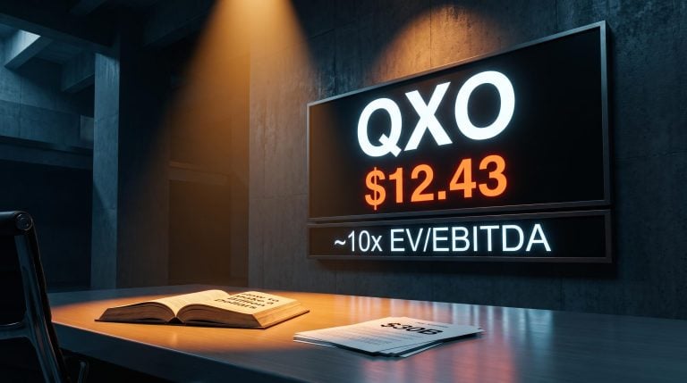 QXO ticker board showing $12.43 share price beside a deal document marked $30B, framing the acquisition strategy debate