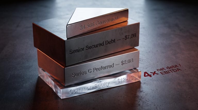 QXO capital structure stack showing $7B debt and preferred ranked above common equity at $12–13 per share