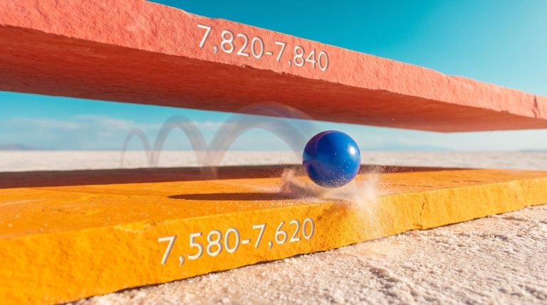 Blue ball bouncing between support and resistance slabs showing a range bound market with S&P 500 levels etched in stone