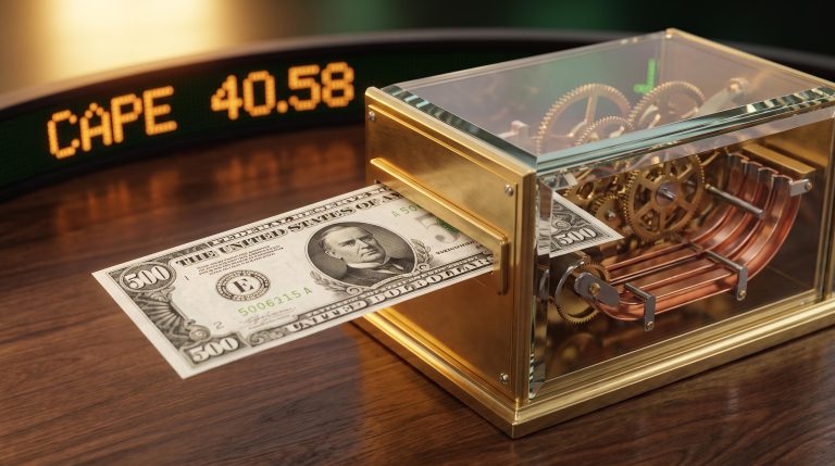 Precision brass mechanism processing a $500 note with CAPE 40.58 on screen — rational investing strategy framework