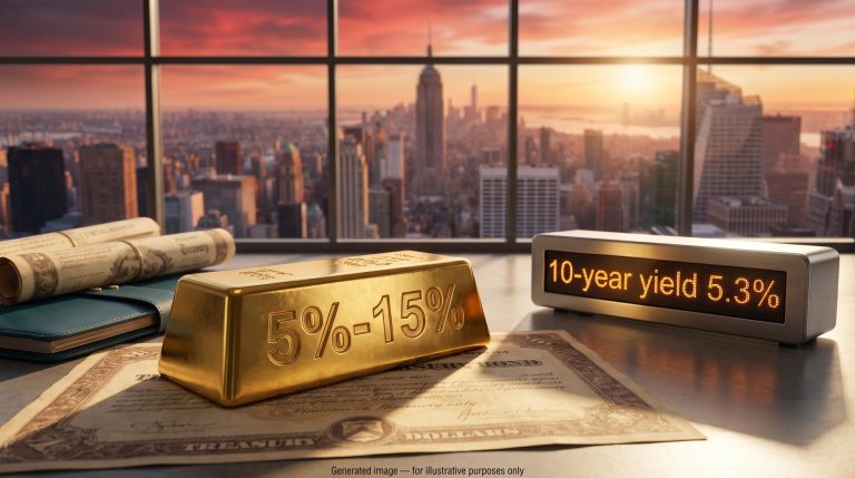 Gold bar on a Treasury certificate beside a 5.3% 10-year yield ticker, illustrating Ray Dalio portfolio strategy
