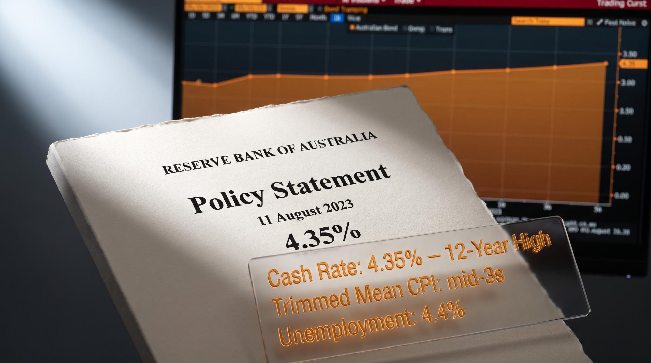 RBA August decision policy statement at 4.35% with bond yield curve and inflation data overlays