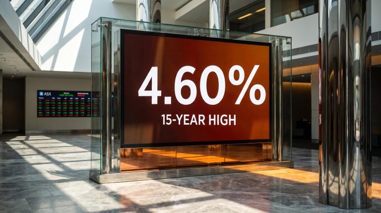 RBA cash rate at 4.60% — a 15-year high — displayed on a financial terminal as ASX sector rotation unfolds