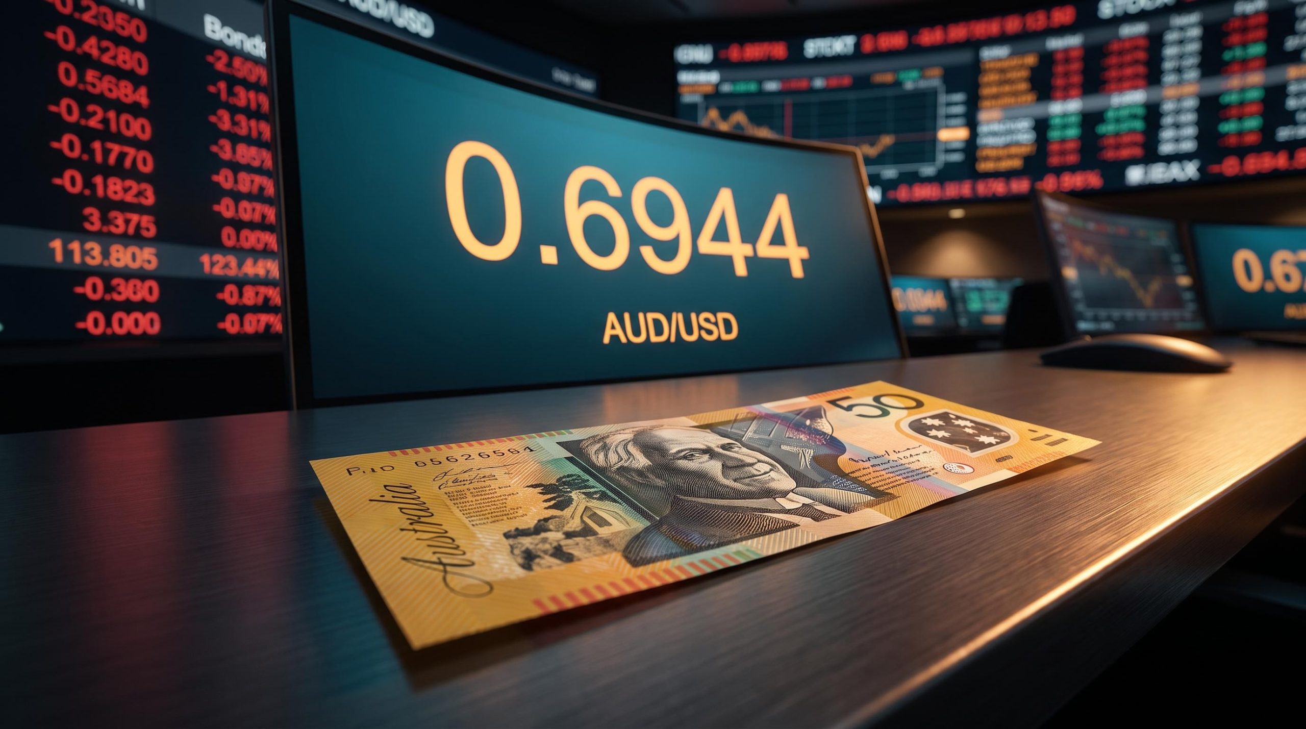 AUD/USD rate at 0.6944 on trading terminal beside Australian dollar note as RBA flags external threats
