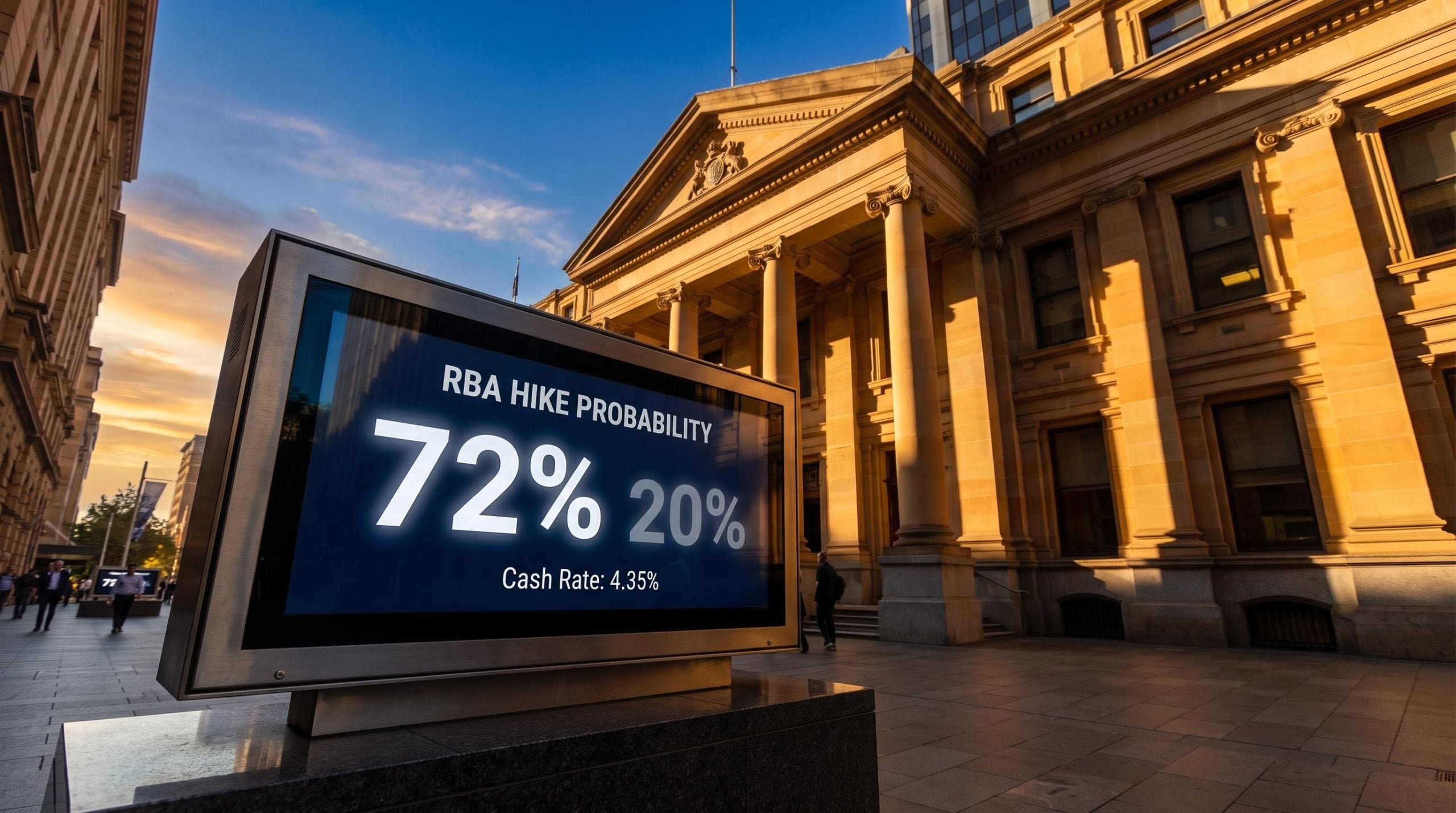 RBA Martin Place HQ with probability display showing hike odds surging to 72% as 4.35% cash rate decision looms