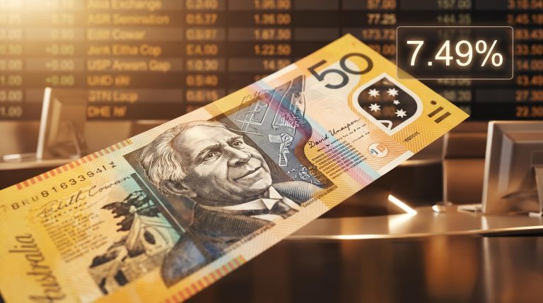 Australian dollar note rising against AUD/USD data display showing 7.49% gain driven by RBA monetary policy