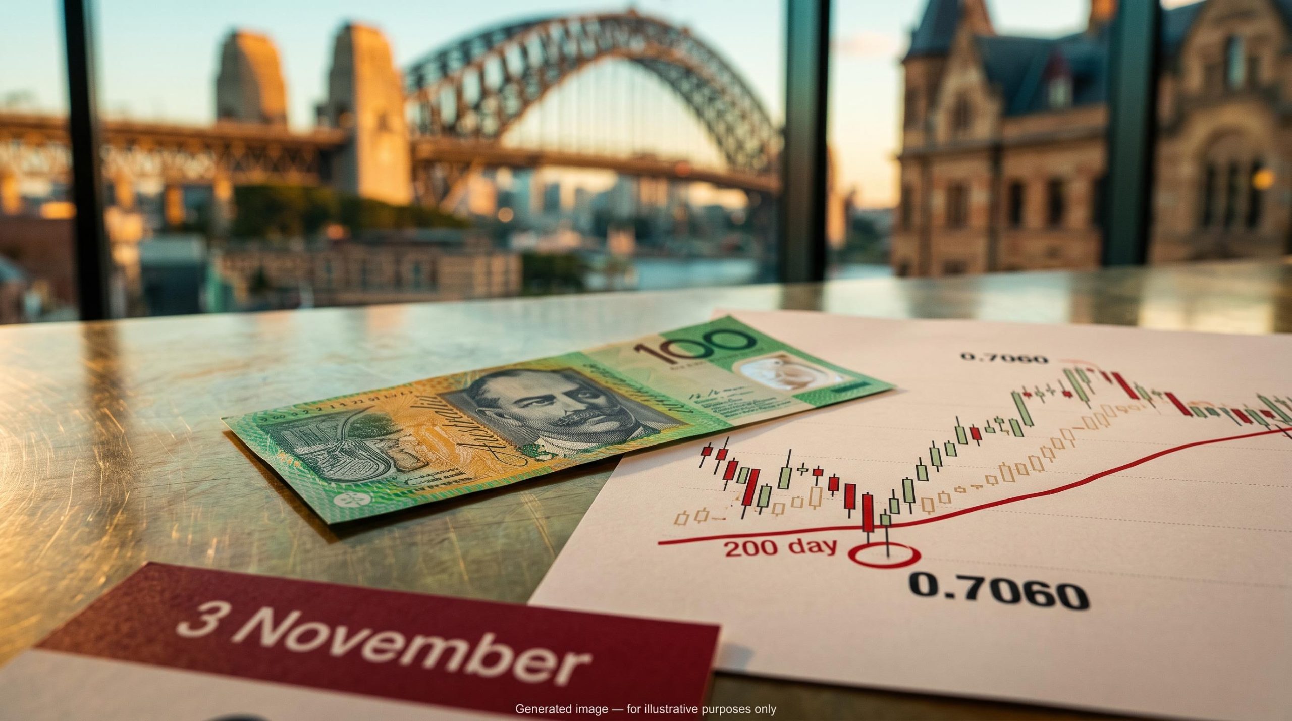 Australian banknote beside a chart marking the 0.7060 200-day line, illustrating the RBA November hike AUD outlook