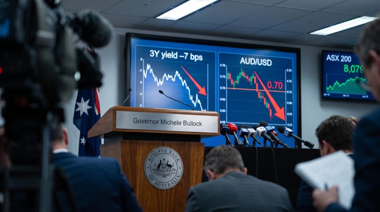 RBA press conference podium showing AUD breaking below 0.70 and ASX 200 at 8,079 after RBA rate decision