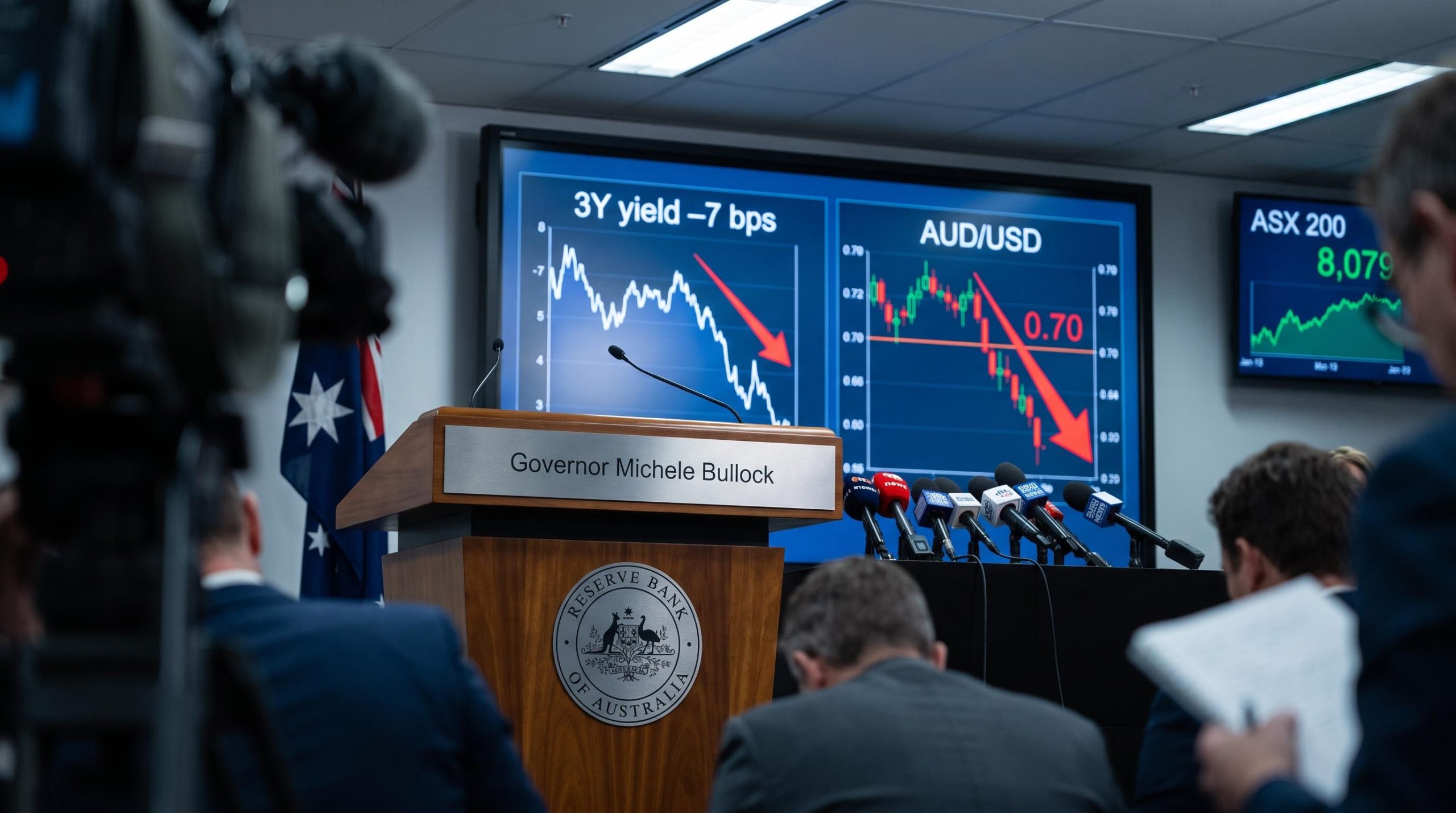 RBA press conference podium showing AUD breaking below 0.70 and ASX 200 at 8,079 after RBA rate decision