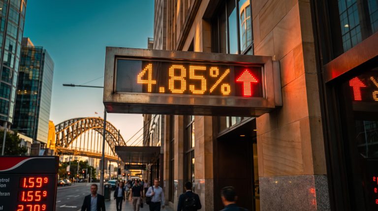 Glowing 4.85% rate board over Sydney at sunset as an RBA rate hike looms after hot inflation data