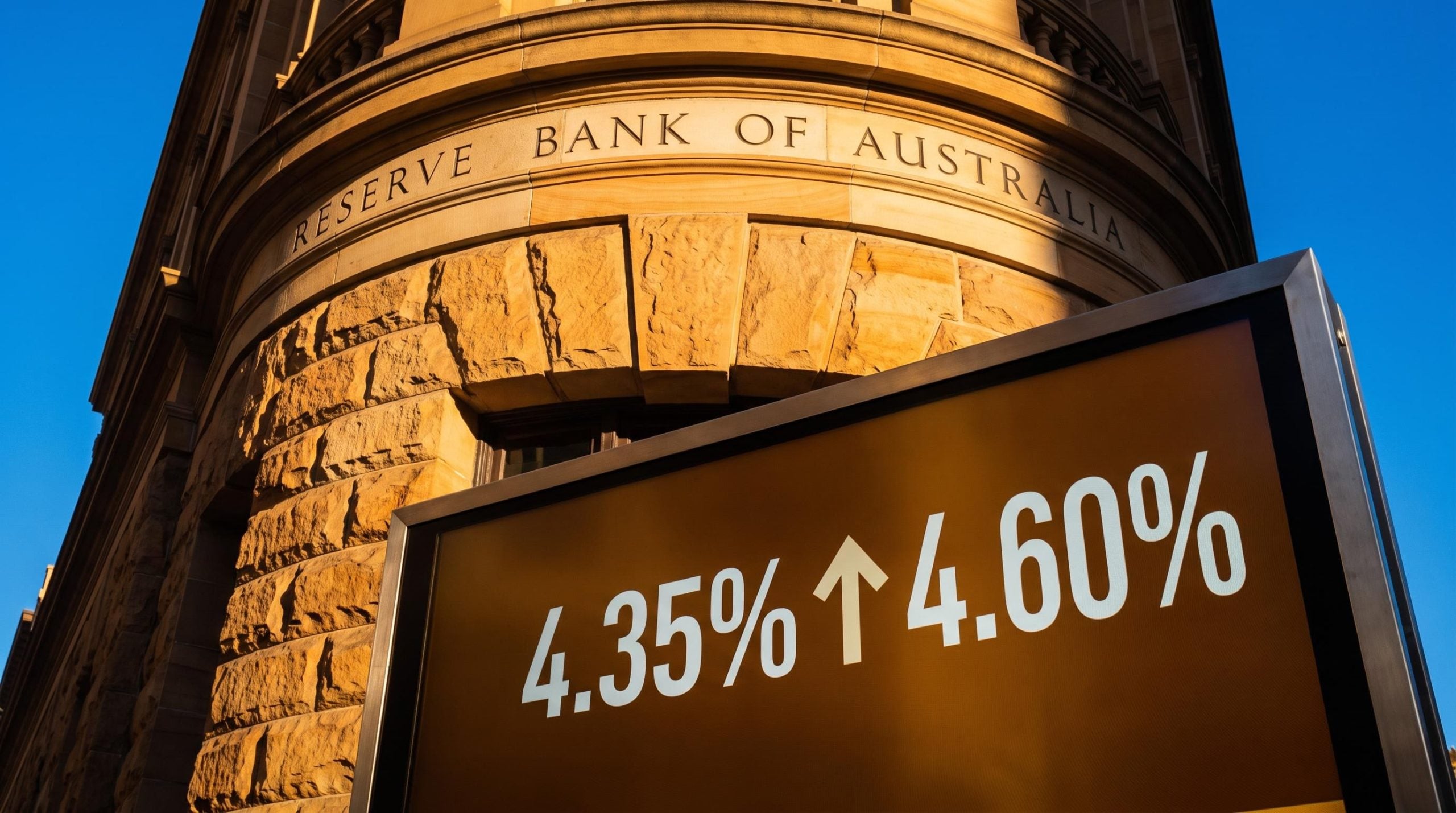RBA building facade with cash rate figure 4.35% on terminal screen ahead of September 2026 RBA rate hike decision