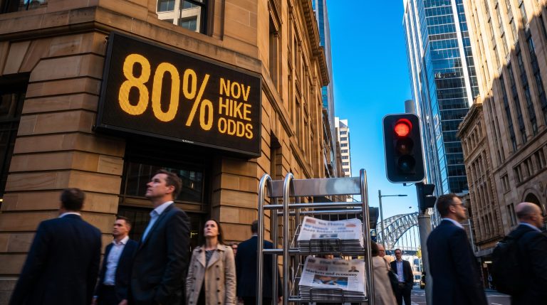 Street ticker board showing 80% November odds as an RBA rate hike looms over Sydney's financial district