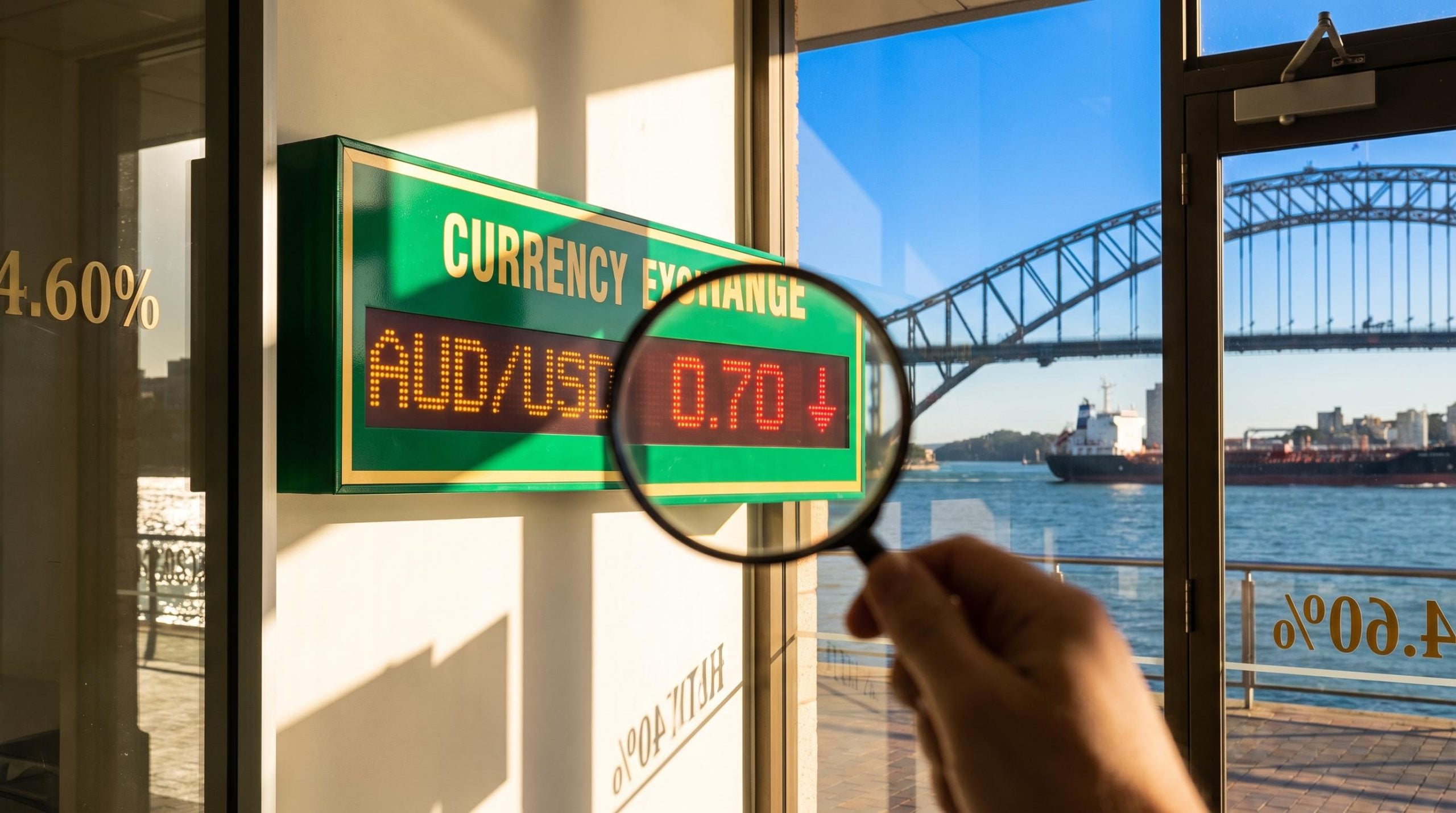 AUD/USD board showing 0.70 with falling arrow before Sydney Harbour, framing the RBA rate hike debate after the minutes