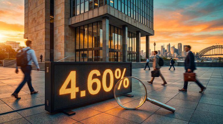 RBA headquarters at sunset with a rate board showing 4.60%, illustrating the RBA rate hike and Australian assets