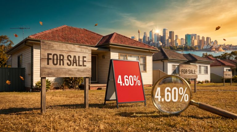 Suburban Australian home with for-sale sign and 4.60% rate board illustrating RBA rate hike impact Australia on households